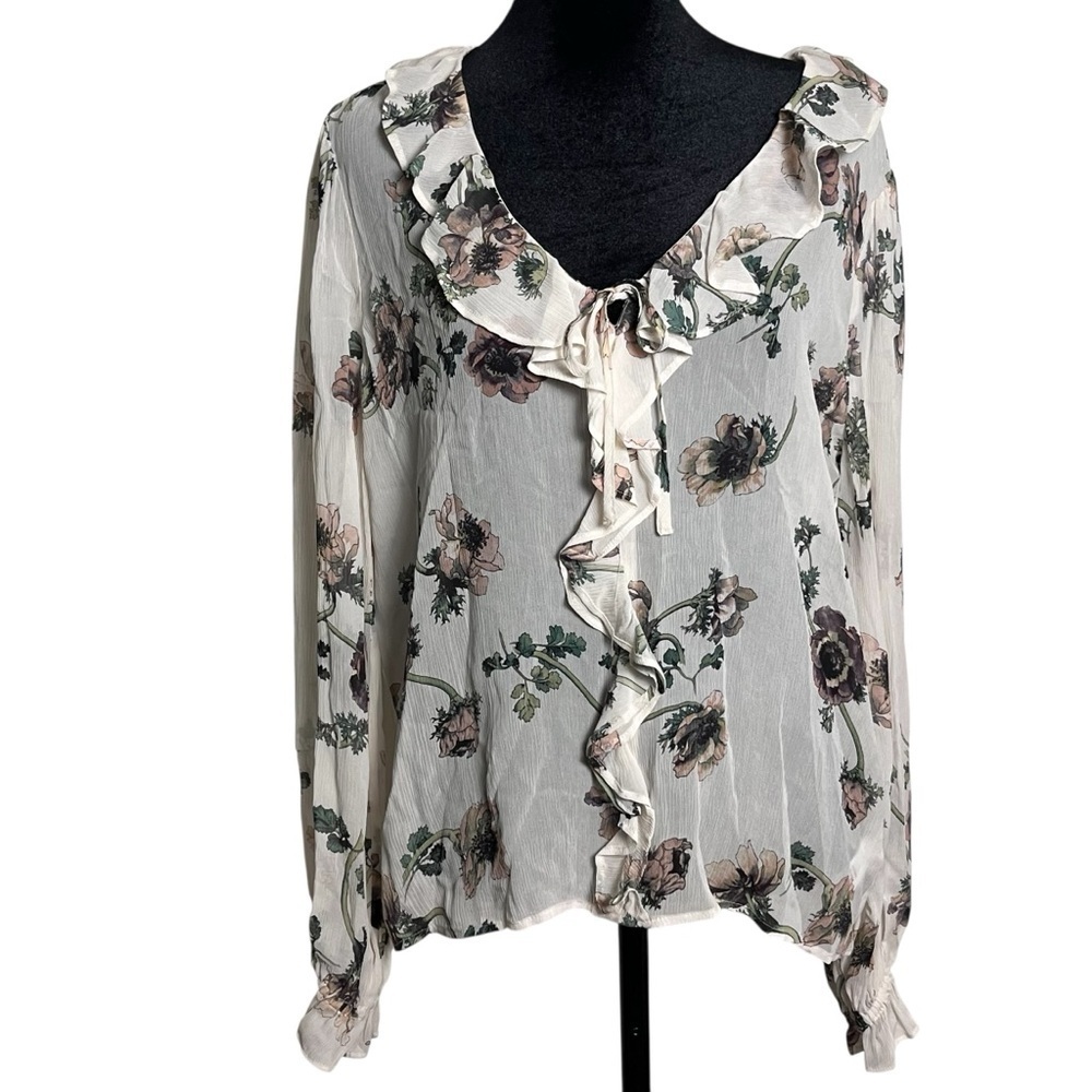 PAIGE Ivory Karin Floral Silk Ruffle Blouse — Small - Picture 2 of 10